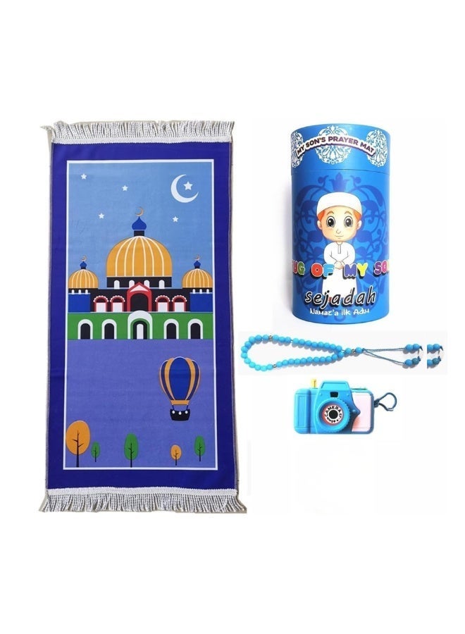 echohaus Prayer Rug for Children Rosary,Tasbeeh and Camera,  Sajadah Salah Elegant Gift Box for Kids - Blue color - Image 3